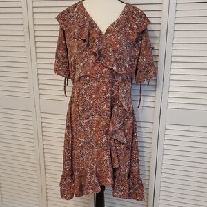 Henny Floral Faux Wrap Terracotta Ruffle Dress, Size XL